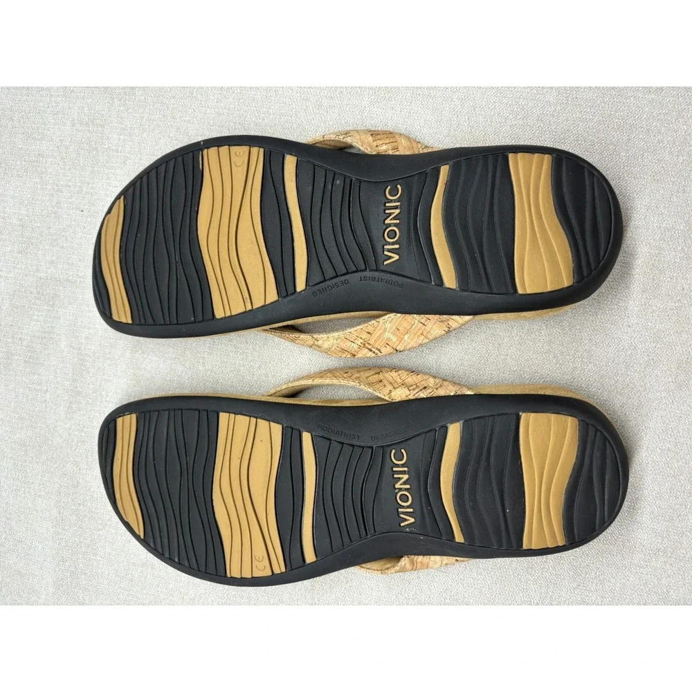 Vionic Sandals Brown 10 Bella II Cork Slides Flip Flops Contoured Footbed Bow